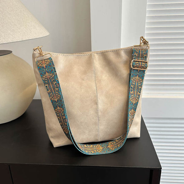 Kvinnors geometriska breda axelremsväska, stor kapacitet, crossbody-väskor, retro PU-läder, shopping- och resehandväska Khaki 30x25x10cm