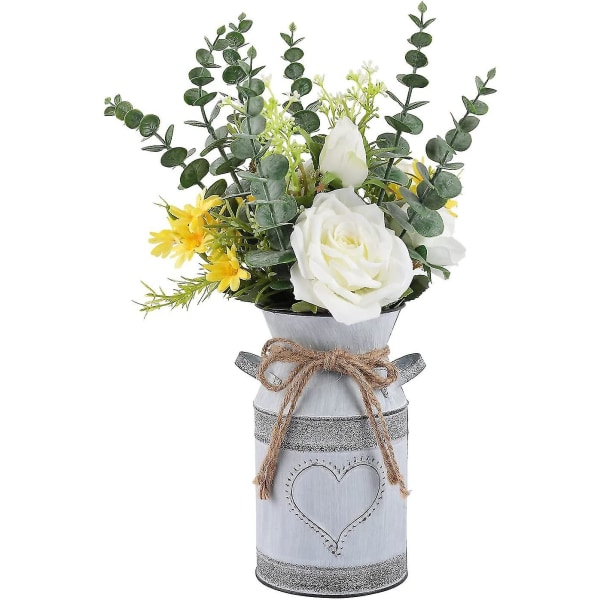 Metallvas Mjölkkanna Rustik Stil Ros Och Eucalyptus Shabby Chic Metallvas$ Retro Gammal Tennblomhink Amerikansk Pastoral Smidd
