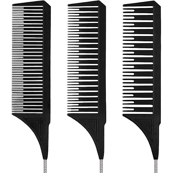 3 storlekar Premium Highlighter Kam Set Professionell Flätad Styling W/ Rat Tail Kam (svart)