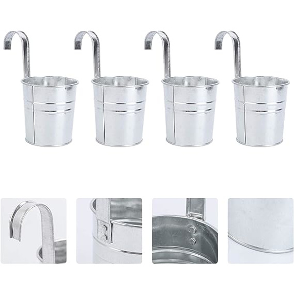 4 stk Hengende Blomsterpotter Metall Jernbøtte Planteholder Blomsterholdere for Rekkverk Gjerde Balkong Hage Hjem Dekorasjon (Sølv)