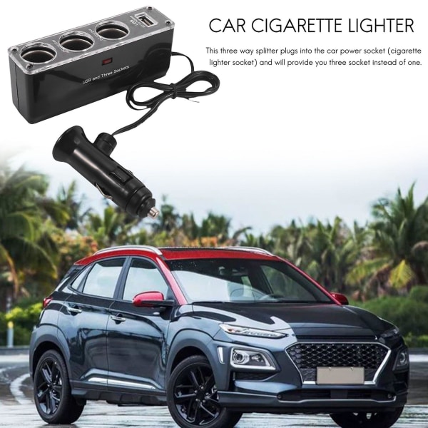 3-vejs Multi-stik Bil-tænderstik Splitter USB-stiklader DC 12V/24V Triple Adapter med USB-port