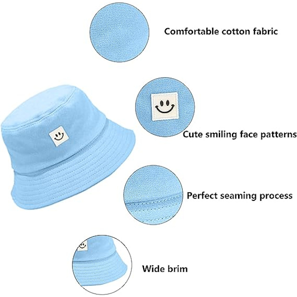 Solhatt for barn med smilende ansikt, bøttehatt for jenter og gutter, sommer solbeskyttelse bomull unisex strandlue