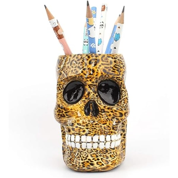1 kpl kallokynäteline Skeleton Pen organizer toimistopöydälle Skull Head -meikkiharjateline (Leopard)
