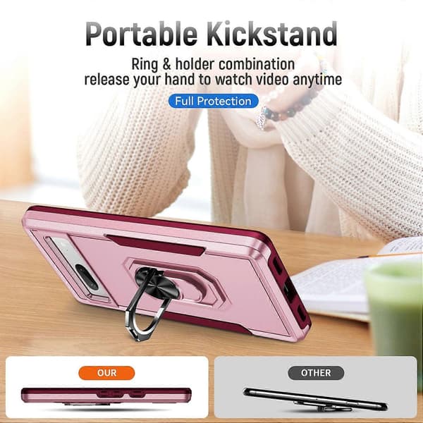 Til Google Pixel 7a-deksel Militærgradert ringstativ PC + TPU-telefondeksel Pink/Rose