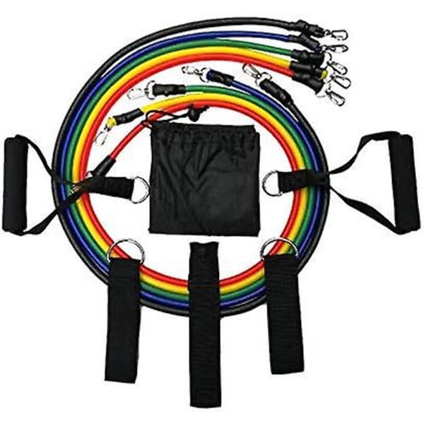 11 delers motstandsbåndsett gymnastikkbånd med 5 motstandsbånd, 2 skumhåndtak, 2 ankelstropper, døranker og oppbevaringspose for styrketrening