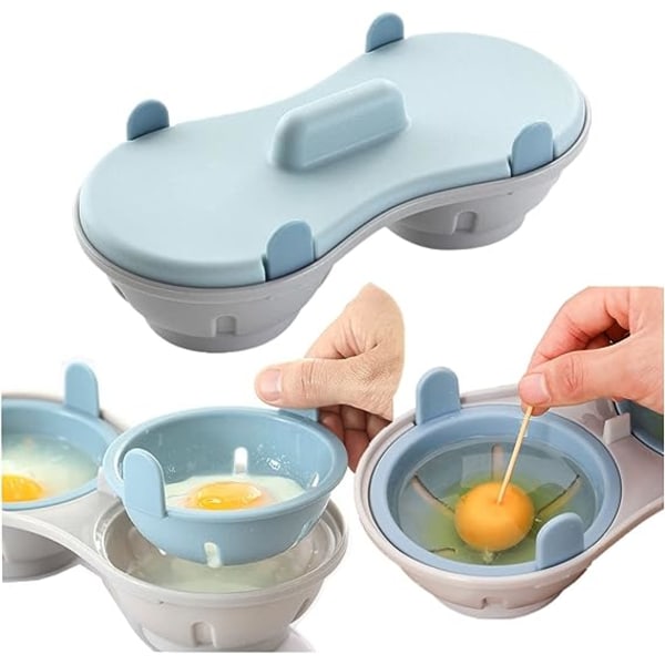 Mikrovågsugn för äggkokare, äggkokare, dubbla äggkoppar för kokta ägg, ångkokare med pocherat ägg, kokare för pocherat ägg med måttkopp, blå