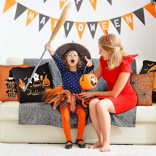 4 kpl Halloween-tyynynpäällistä, oranssi ja musta tyynynpäällinen, Happy Halloween pellavainen sohva