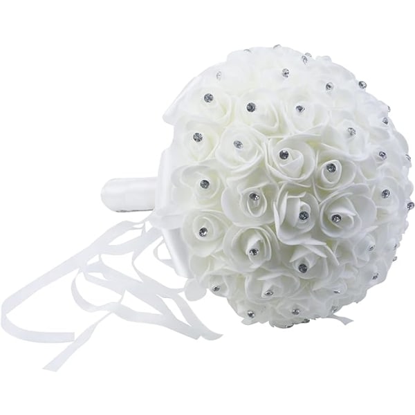 Hvid Rhinestone Bånd Brudebuket Håndlavet Kunstig Silke Holdende Blomster til Bryllup