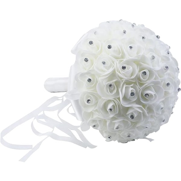 Valkoinen tekojalokivinauha morsiamen hääkimppu Käsintehdyt tekosilkistä kantavat kukat häihin