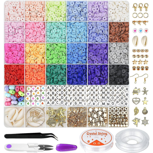 6000 stk leireperler for armbåndfremstilling, 24 farger flate runde polymerleireperler 6 mm avstandsstykke Heishi-perler med anhengsmykkesett og elastiske strenger F