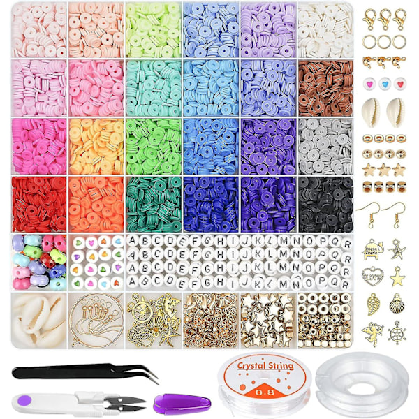 6000 stk. lerperler til armbåndsfremstilling, 24 farver flade runde polymer lerperler 6 mm afstandsheishi-perler med vedhængscharmsæt og elastiske snore F