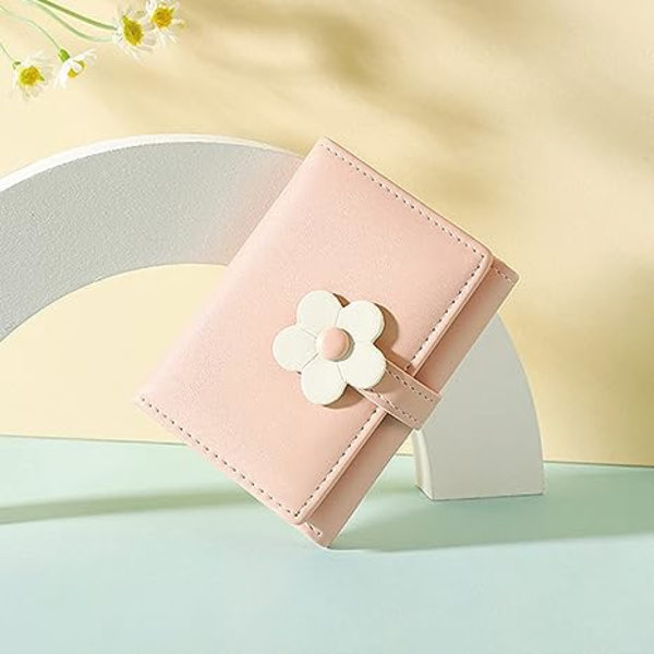 Naisten ja tyttöjen lompakko, söpö kukallinen kolminkertainen lompakko PU-nahasta, ohut lyhyt lompakko, pieni kolminkertainen käteiskorttien säilytyskotelo (Z-Pink)