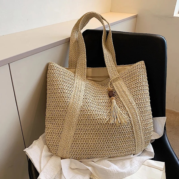 Kvinnor vävda axelväska handgjord halm strandväska stor kapacitet resetofsväska beige
