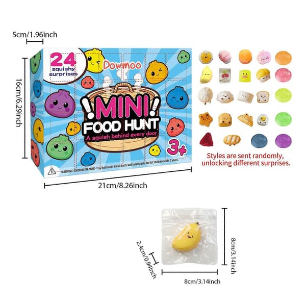 24 stk. Mini Mad Squishy Julekalender 2026, Søde Mad-Tema Stressbold Sensorisk Fidget Legetøj, Blind Box Squishies til Børn og Samlere fra 3+ år 1 Box