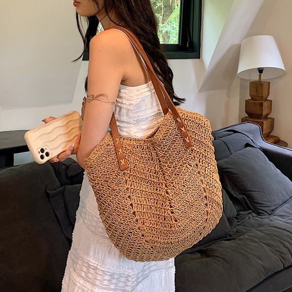 Kvinnor Casual Halm Axelväska Ihålig Väv Strandväska Rotting Semester Tote Väska Stor Kapacitet Resväska beige