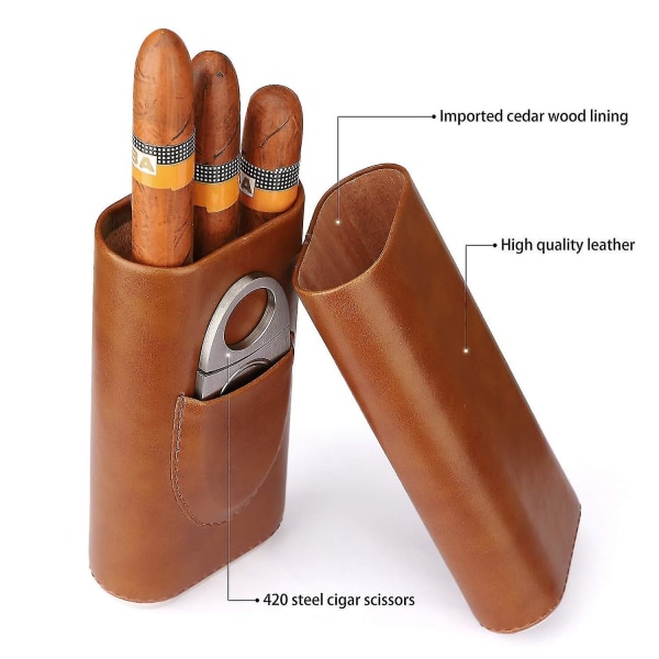 Premium case av läder - case för 3 cigarrer | Inkluderar cigarrskärare | Invändig finish i cederträ