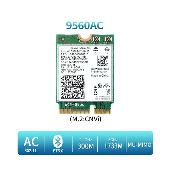 9560ngw Wifi-kort + antenne 1730mbps Trådløs Ac 9560 Dobbelt bånd 2.4g + 5g Bt 5.0 802.11ac M.2 Cnvi 9560