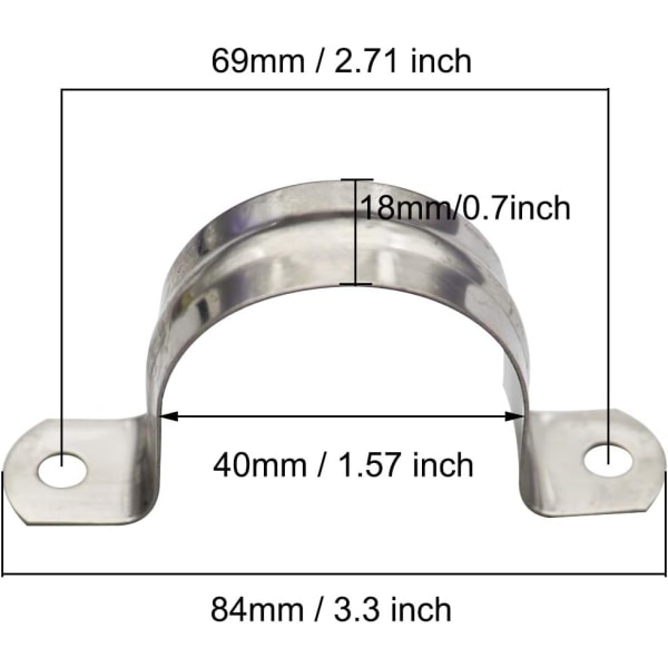 20 stk. to-huls rem med U-beslag M40 stift rørremklemme 304 rustfrit stål rørrem spændeklips passer til 1,57 tommer rør