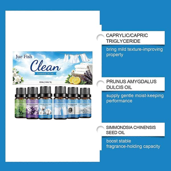 Rent og friskt eteriske oljer sett 610ML, LaundryStyle duftoljer for diffuser luftfukter, blandbare duftoljer for hjem og vask 6 x 10ML