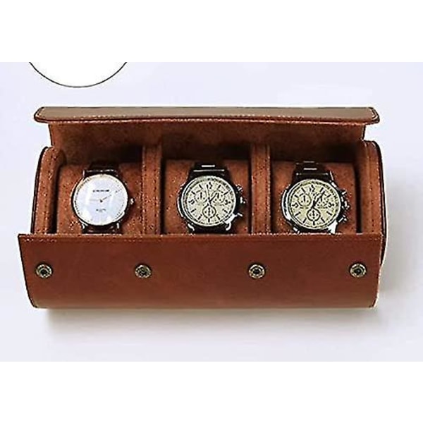 3 Fack Watch Box Retro PU Läder Klockrulle Resväska Elastisk Klockorganisatör Hållare Smycken Förvaringslåda För Klocktillbehör Brun