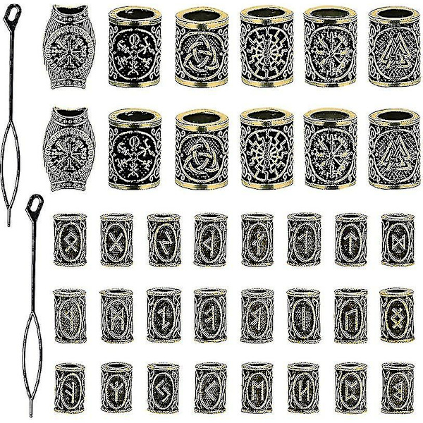 36 stycken skäggpärlor för män, antika runor, hårpärlor, DIY-armbandtillbehör (guld)