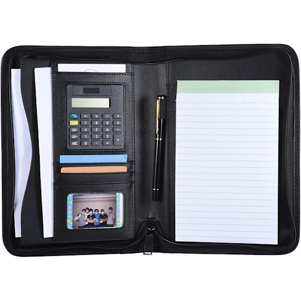 Bärbar professionell affärspärm Padfolio mapp dokumentväska arrangör A5 PU läder dragkedja stängning med miniräknare Ca