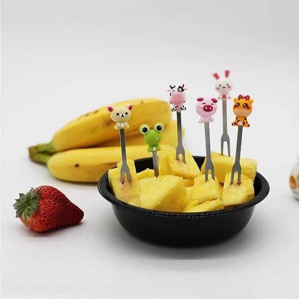 Fruktgaffel, sett med 6 deler fruktgaffel med stativ Matgaffel i rustfritt stål for barnefamilien (tegneserie)