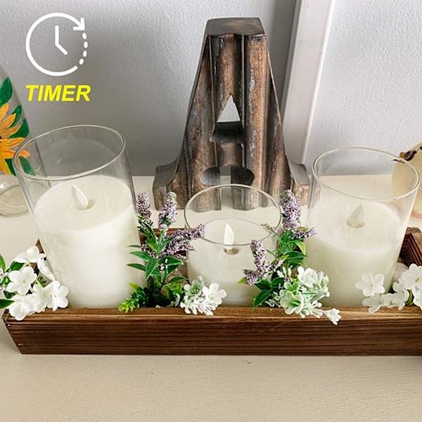 Rena vita flimmerande batteridrivna ljus, glas LED-pelarljus med fjärrkontroll och timer, rörlig låga, vax, set om 3