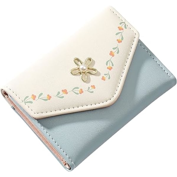 Women Girls Wallet Cute Flower Tri-Fold Wallet PU Leather Purse Slim Short Wallet Small Trifold Cash Card Holder Bag (Blue)