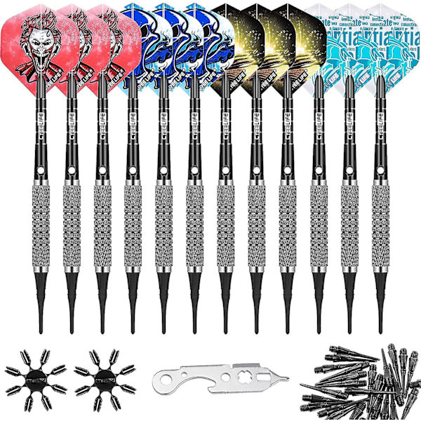 Piao 12g bløde pile 12 pakker med 4 farver fede aluminium skafter+100 tips+værktøj+16 flights+16 beskyttere, lette plastik pile