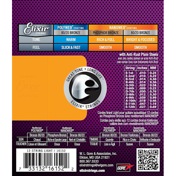 Strings Phosphor Bronze 12-kielisen akustisen kitaran kielet W Nanoweb-pinnoitteella, Light (.010-.047)