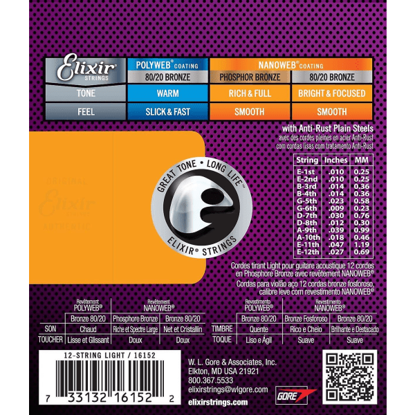 Strings Phosphor Bronze 12-string Acoustic Guitar Strings W Nanoweb Coating, Light (.010-.047)