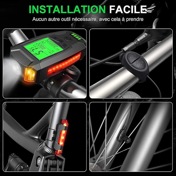 Cykellygte, USB-genopladelig cykellygte med speedometer cykelcomputer LED-cykellygte foran og bagpå, kraftig lygte til MTB-cykling, mountainbike