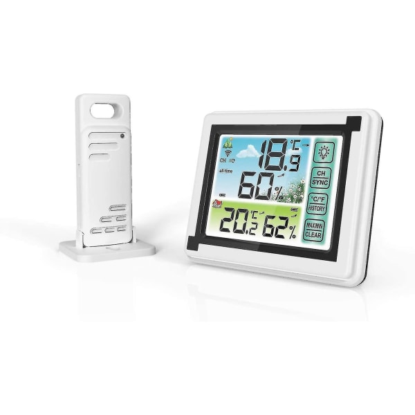 Trådløs værstasjon med utendørs innendørs sensor Digital termometer hygrometer med stor LCD-skjerm for hjem og kontor