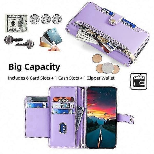 Galaxy A56 5G Plånboksfodral i läder med blixtlåsficka och 2 remmar Purple