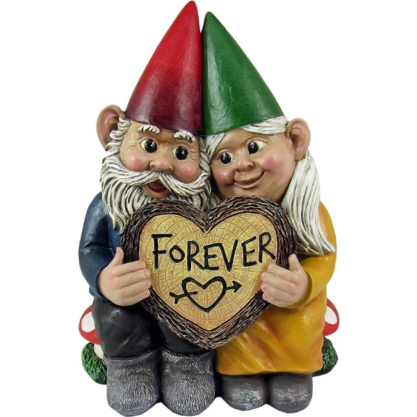 World of Wonders Gnome & Forever - Bedårande handmålade Gnome-par förälskade i hjärtformad Forever Wood Skiva Inomhus Utomhus Figurine Söt Romant