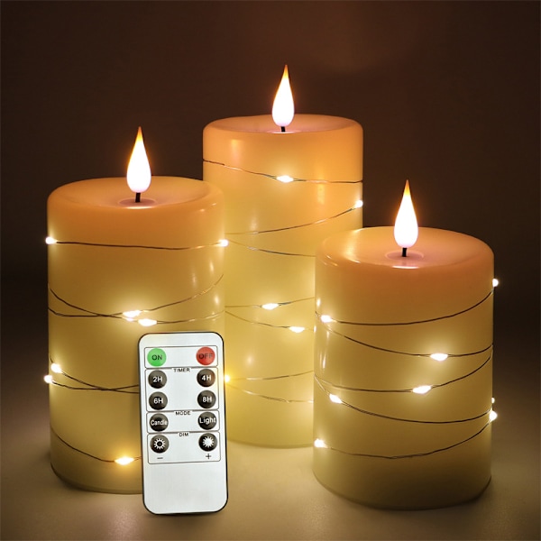 Flammeløse Lys, med Indbyggede Lysstreng, Da af 3-delt LED Lys, med 10-knaps Fjernbetjening, 24-timers Timerfunktion, Dansende Flamme, Ægte Voks