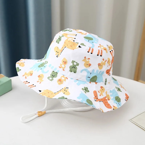 Flickor UV Bomull Panama Solhattar Barn Cartoon Bucket Hat Toddler Fiskare Cap Ny 02 Frog giraffe 52cm