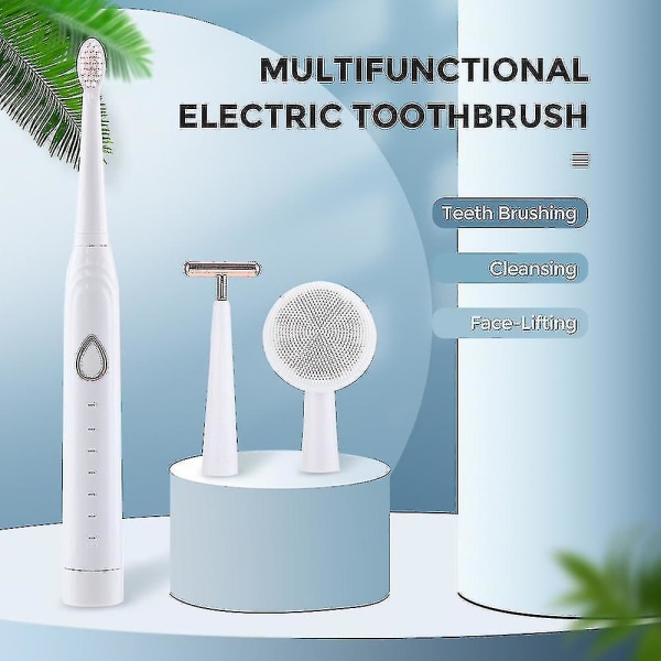 Elektrisk tandbørste med multifunktionel vibrerende ansigtsrensebørste Usb genopladelig blød børstehvid