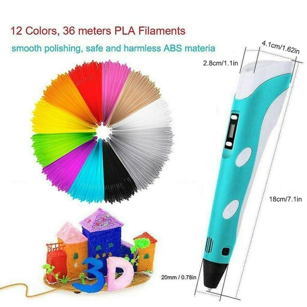 3D Printing Pen Leksaker med LCD-skärm + 12 färger 36m 1,75mm PLA ABS Filament för barn och vuxna
