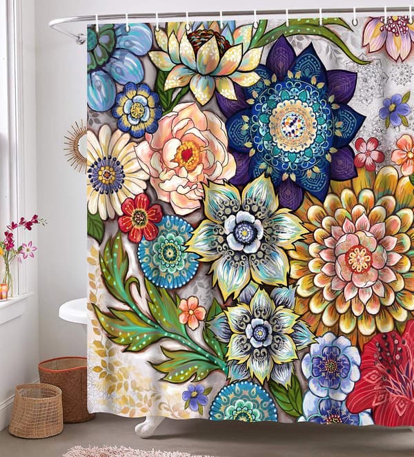 Boho Blommiga Duschdraperier För Badrum, Ljus Tyg Blomma Duschdraperi Med 12 Krokar, Multi