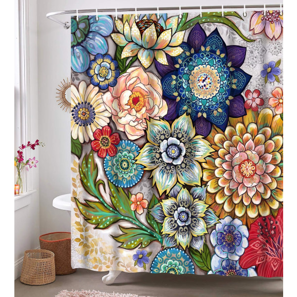 Boho Blomster Bruseforhæng Til Badeværelse, Lyst Stof Blomster Bruseforhæng Med 12 Kroge, Multi