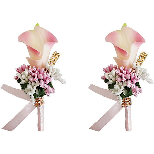 Calla Lily Lys Boutonniere Sett med 2 Håndlaget Silkeblomst med Bånd Corsage for Brud Brudgom Bryllup