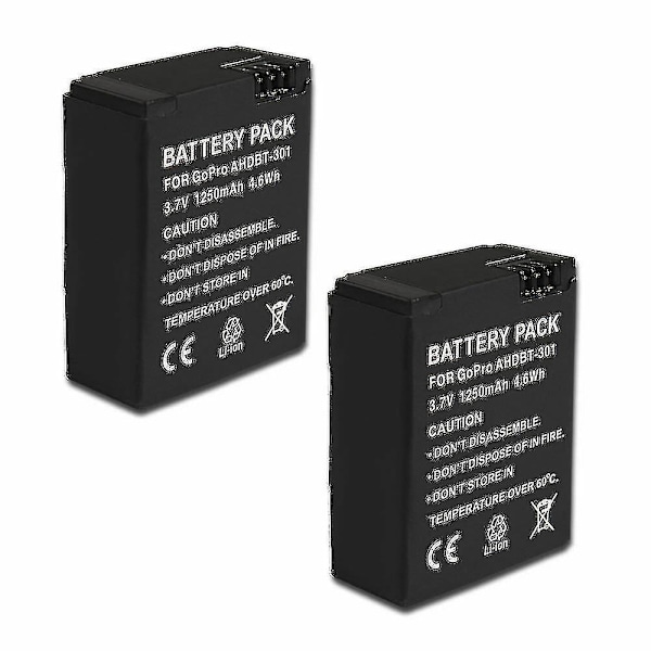 2 Batterier til Gopro 3 AHDBT-301/302/201 HD Hero 3/3+ Black Silver Edition Kamera