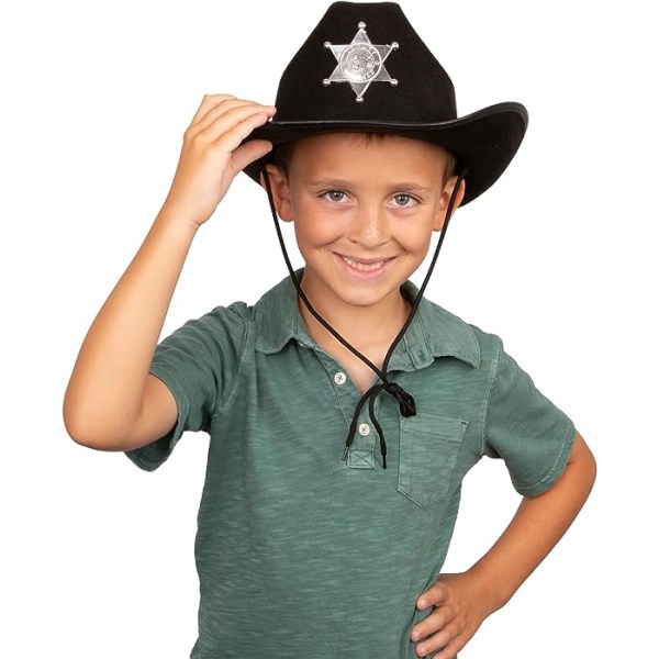 Lasten musta sheriffi Cowboy-hattu - Sheriffijuhla - Poliisipukeutuminen - Piirustusnauhahattu - Hauskat juhlahatut
