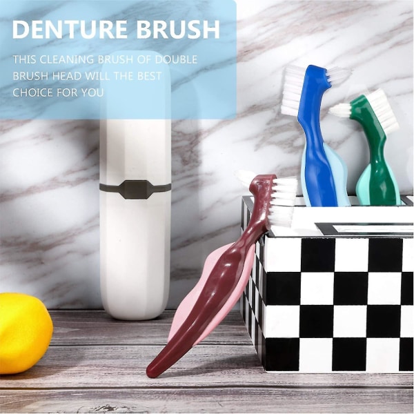 Premium hård protesebørste Tandbørste, bærbar protese dobbeltsidet børste, flerlags børster i 3 forskellige farver, vedligehold den