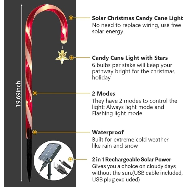 8 Pakke julepynt Utendørs Solar Candy Cane Lights Pathway Markeringslys med stjerne for gangvei Oppkjørselen Plen Hage Hage Hjem Innendørs Dekor,