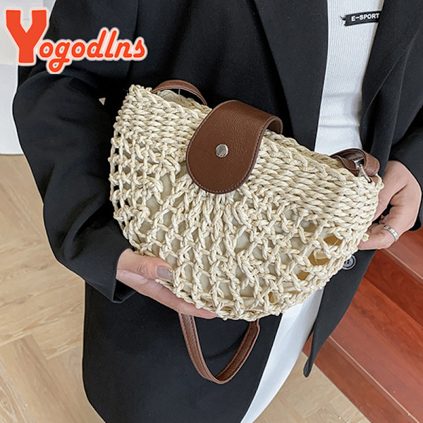 Yogodlns - Halvmåneformet halmveske for kvinner, håndlaget rottingveske, strandveske Beige-1 24x7x18cm