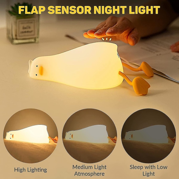 Jinxiu Duck Lamp Liggande Flat Duck Night Light, Barn Nattlampa med 3 hastighets justerbart ljus, Smart sänglampa med klaffsensor,