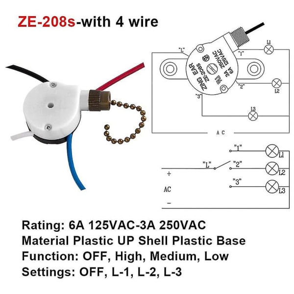 Loftsventilator-omskifter Zing Ear Ze-208s E89885 3 Speed ​​4 Wire Chain C